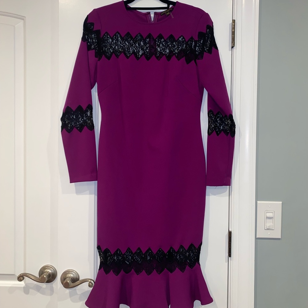 Long sleeve purple dress with black lace detail and bottom detail